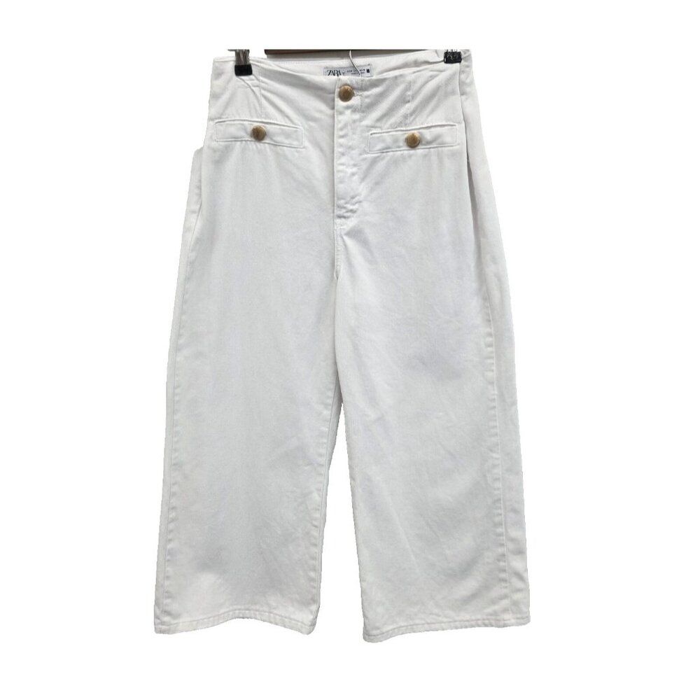 ZARA‎ White Wide Leg Cropped Pants High Waist Button 6 Coastal *Altered Waist*